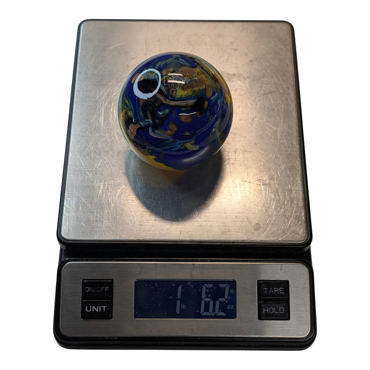 Signed Vesuvio d Art Murano Glass Paperweight Cobalt Blue Gold Swirl Sphere Italian