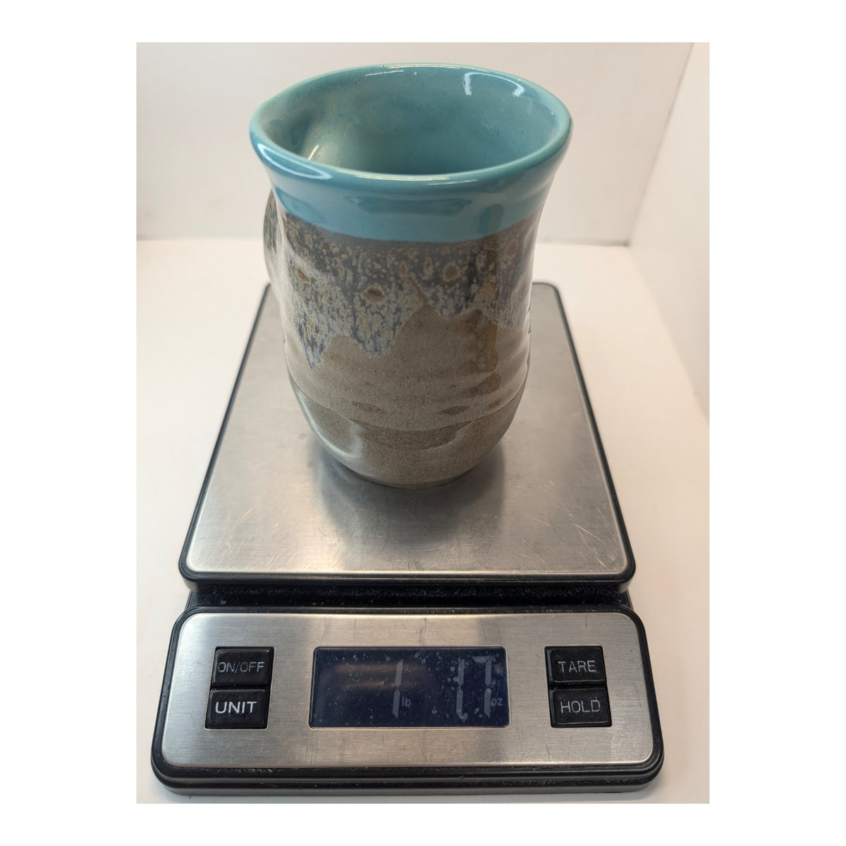 Signed Neher Pottery Hand Warmer Mug, Turquoise & Earth Tone Glaze