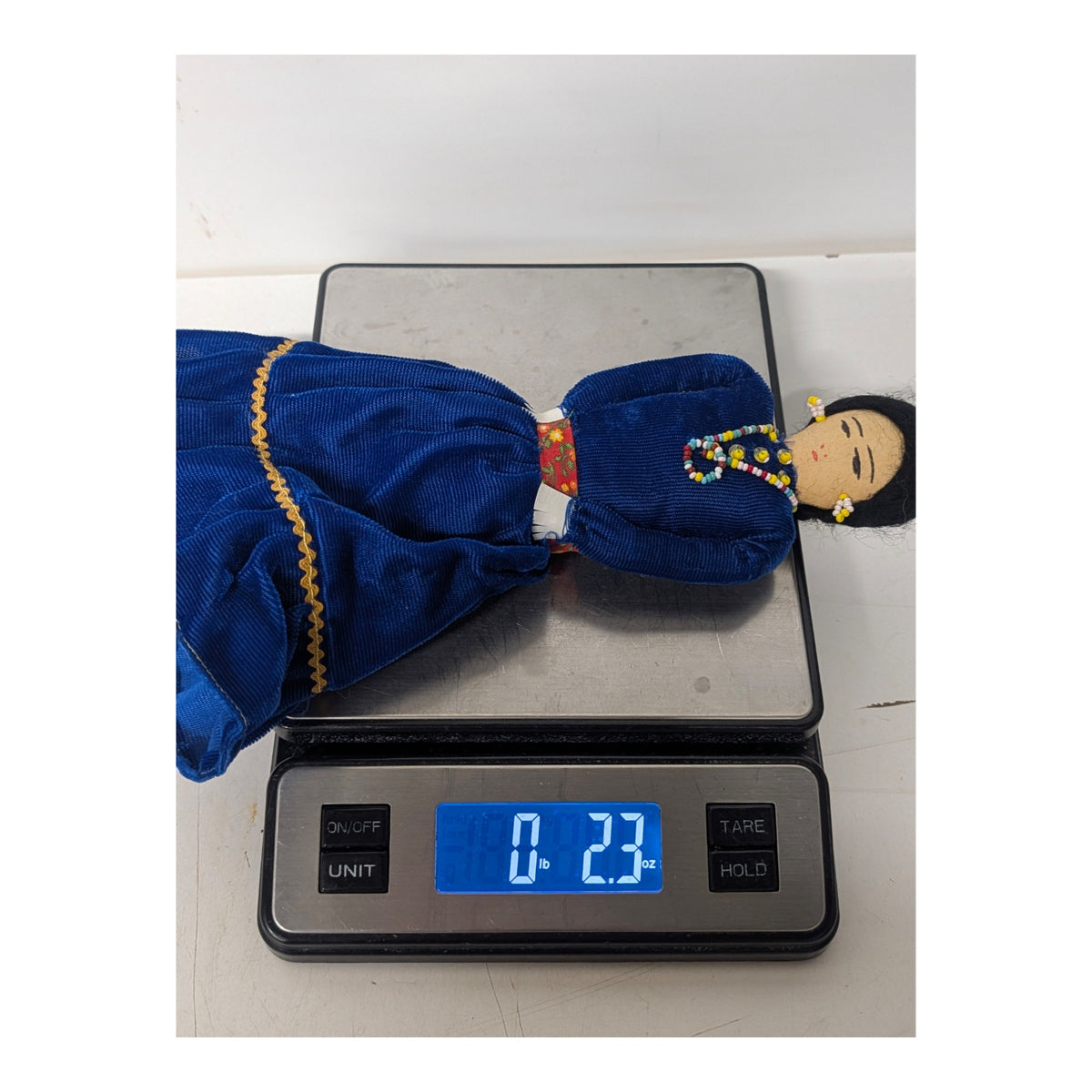 Vintage 1979 Navajo Folk Art Doll in Blue Velvet Dress