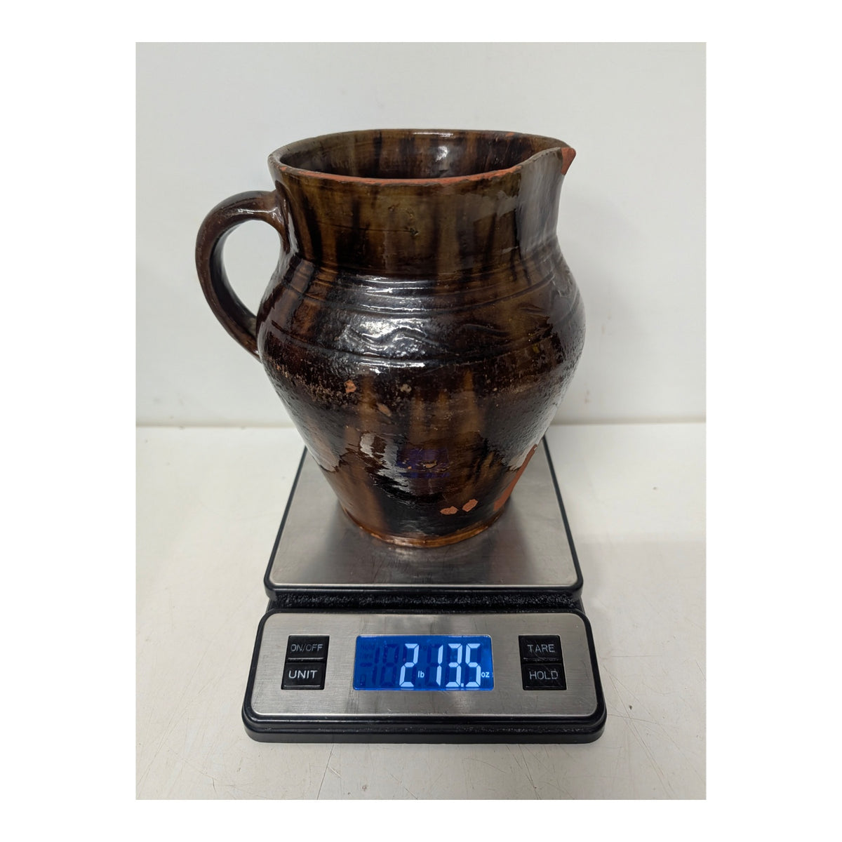 Antique Primitive Redware Pottery Pitcher Brown Drip Glaze