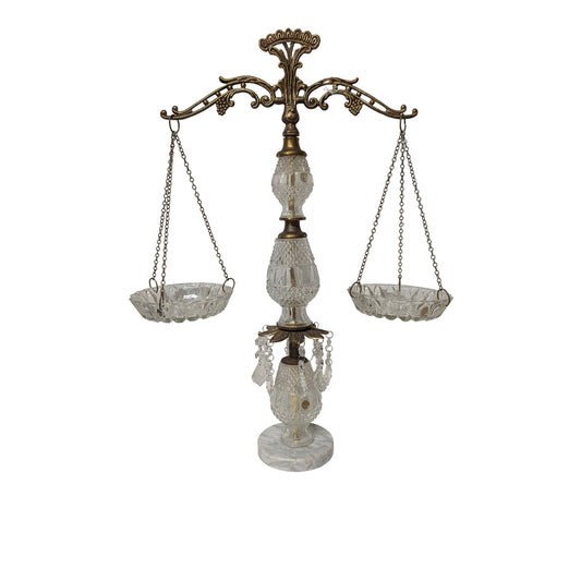 Large Vintage Hollywood Regency Scales of Justice | Ornate Brass & Cut Crystal Decorative Balance Scale with Marble Base
