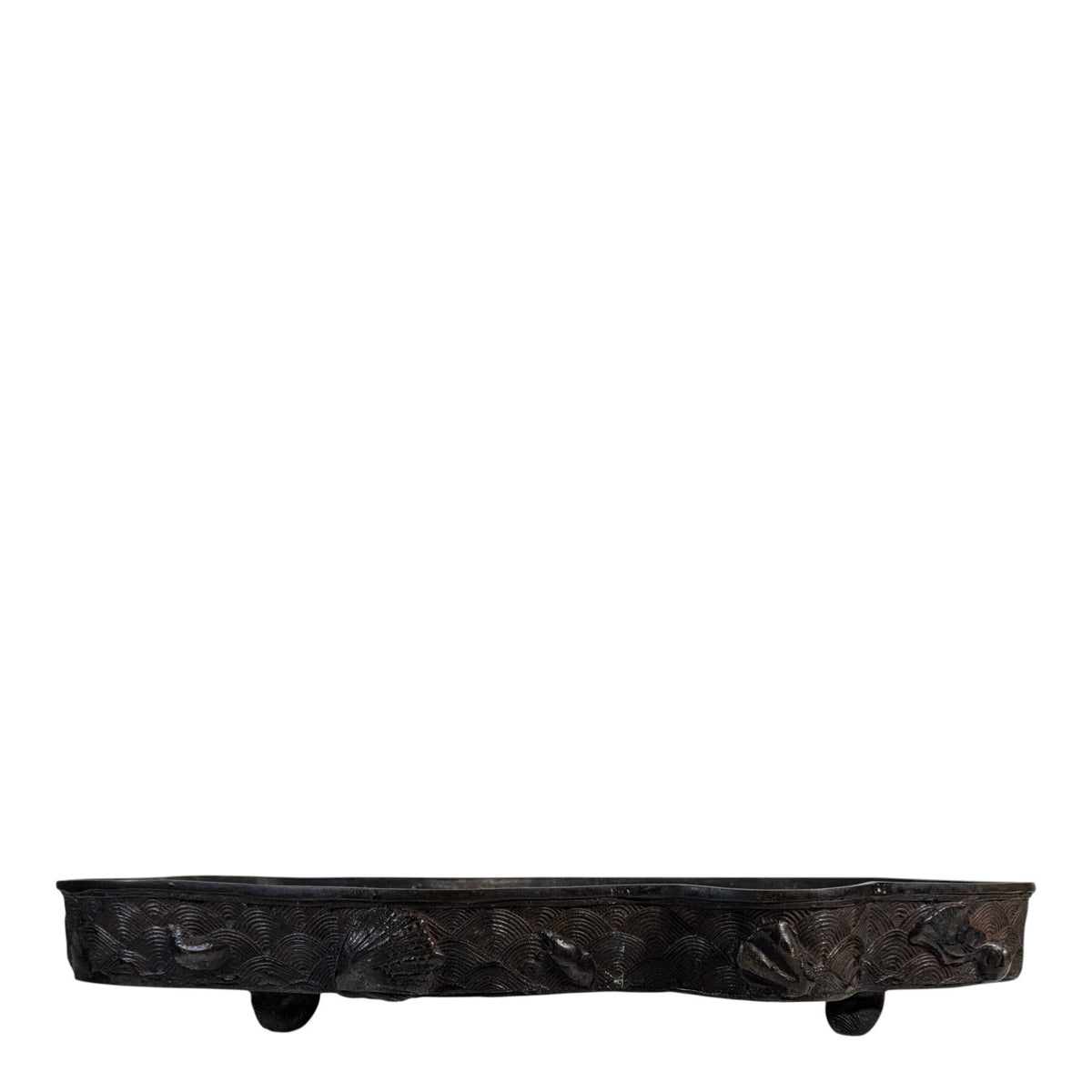 Antique Japanese Meiji Bronze Suiban Tray Fish Motif Seigaiha Wave Pattern Marked 11.5"