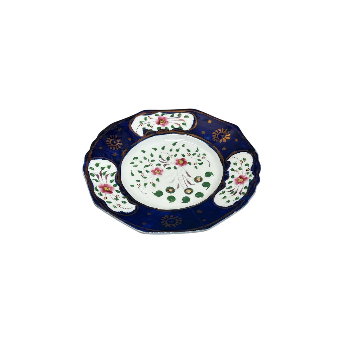 Antique English Gaudy Welsh Porcelain Trio c.1830 Hand Painted Cobalt Blue & Floral Staffordshire Teacup Saucer & Plate Set