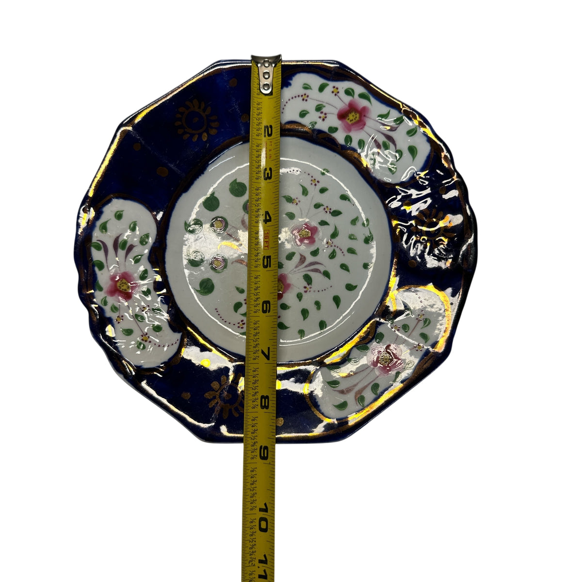 Antique English Gaudy Welsh Porcelain Trio c.1830 Hand Painted Cobalt Blue & Floral Staffordshire Teacup Saucer & Plate Set