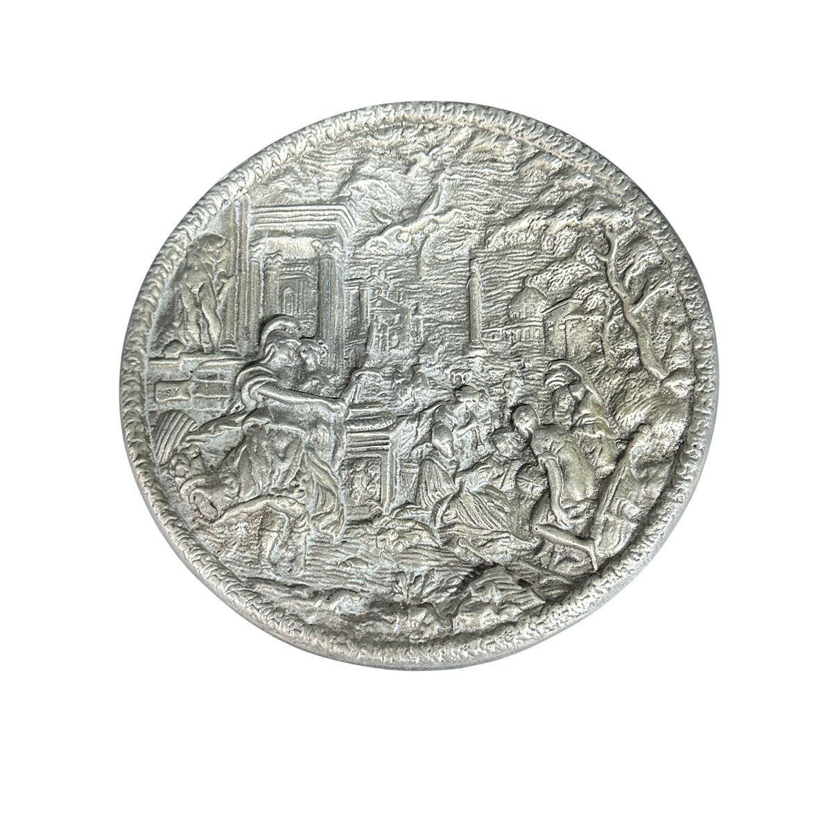 Antique 19th C. Signed ROSY French Pewter Charger Plaque High Relief Classical Scene