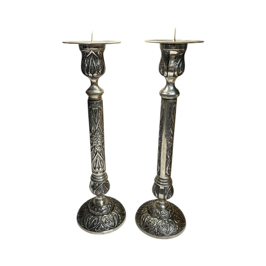 Large Vintage Indian Silver Plated Candlesticks, Ornate Chased Floral Pair
