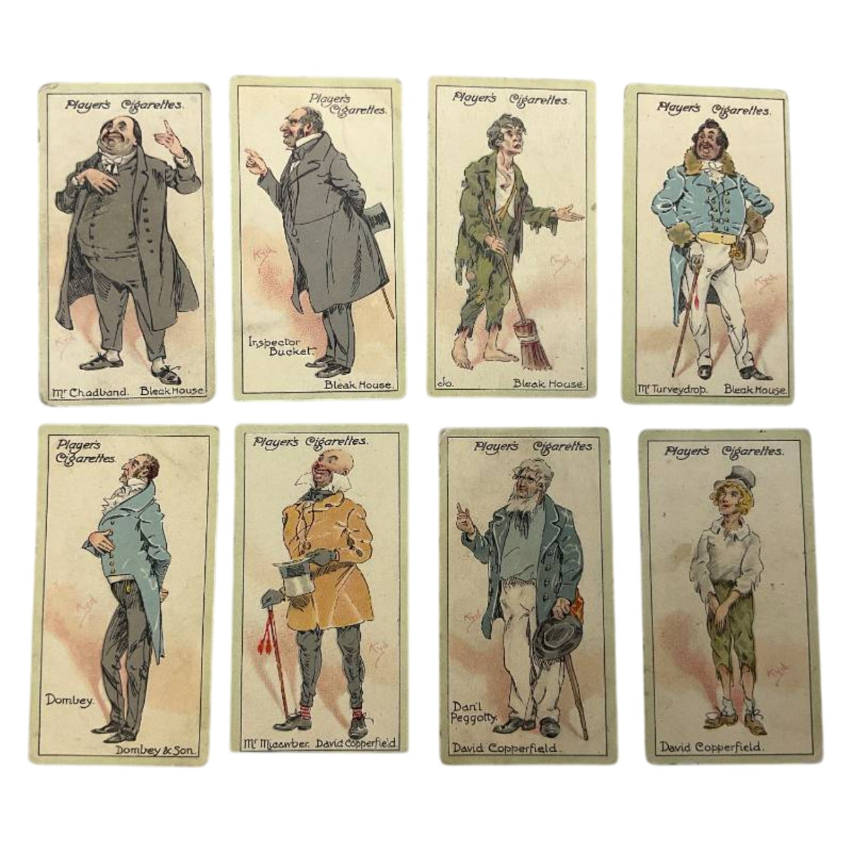 1912 Player's Dickens Cigarette Cards, Set of 8, Edwardian Literary Art