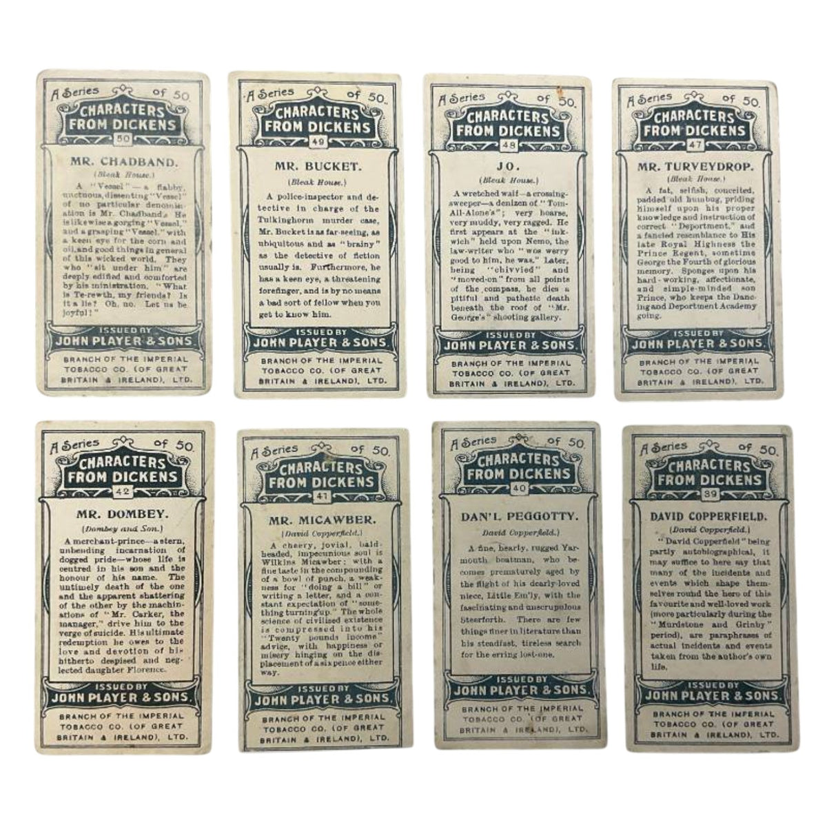 1912 Player's Dickens Cigarette Cards, Set of 8, Edwardian Literary Art