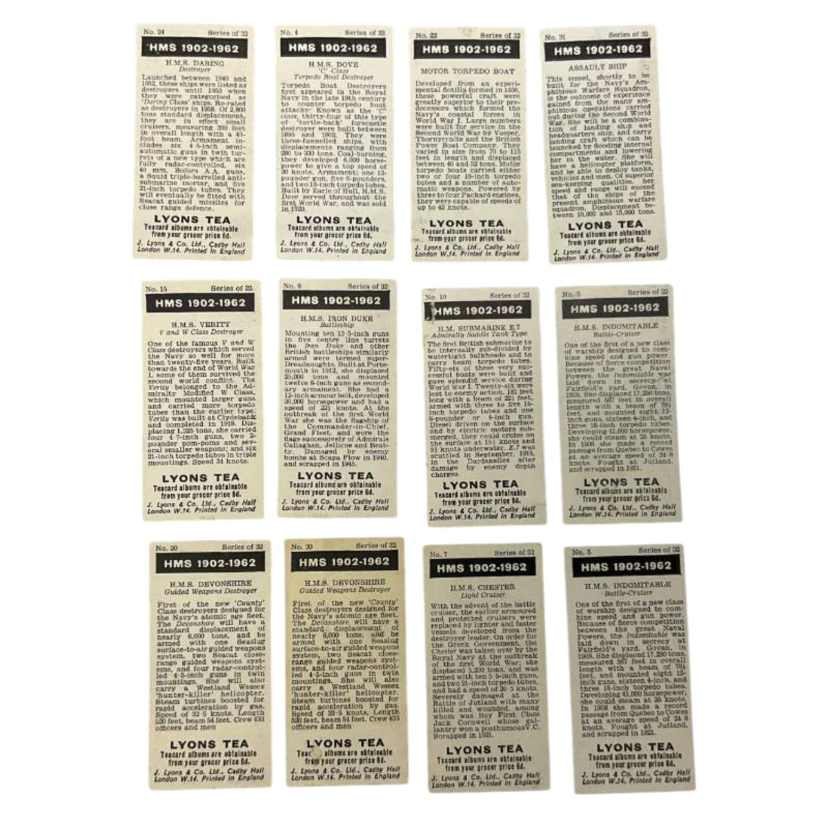 1962 Lyons Tea HMS Royal Navy Ship Cards Lot of 12 Mid-Century Ephemera