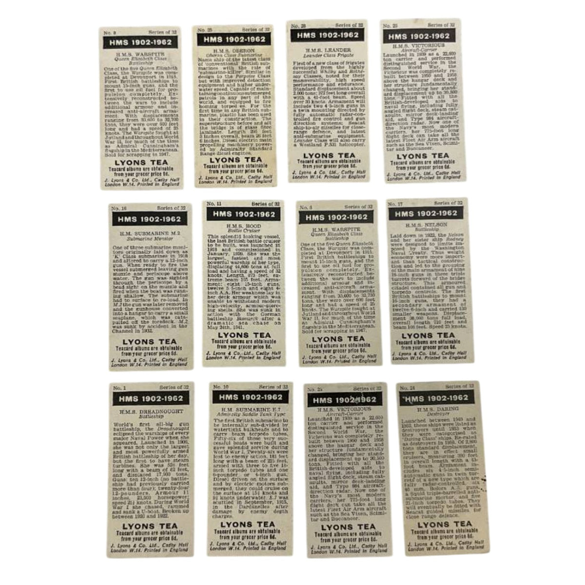 1962 Lyons Tea HMS Royal Navy Ship Card Lot (12) Mid-Century British Art