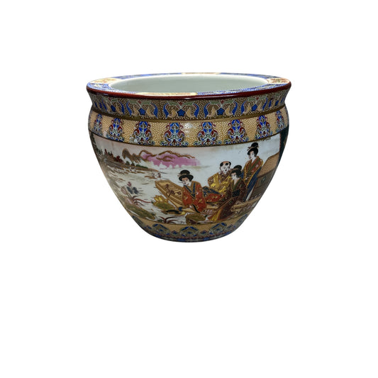 Vintage Chinese Porcelain Fish Bowl Planter with Gilt Satsuma Style Scenes
