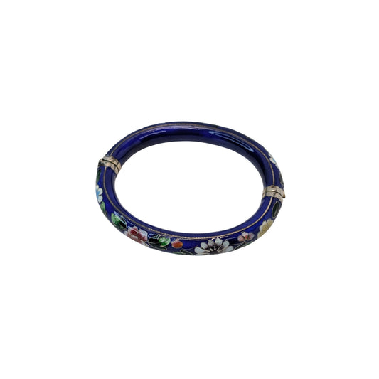 Vintage Chinese Cloisonné Enamel Bangle Cobalt Blue Floral Hinged Bracelet