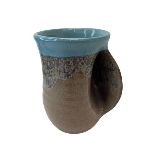 Signed Neher Pottery Hand Warmer Mug, Turquoise & Earth Tone Glaze