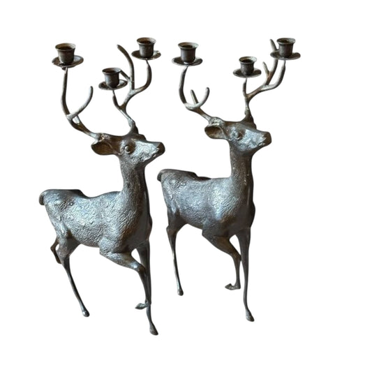 Monumental 19" Cast Metal Stag Candelabra, Rustic Lodge Decor, Set of 2