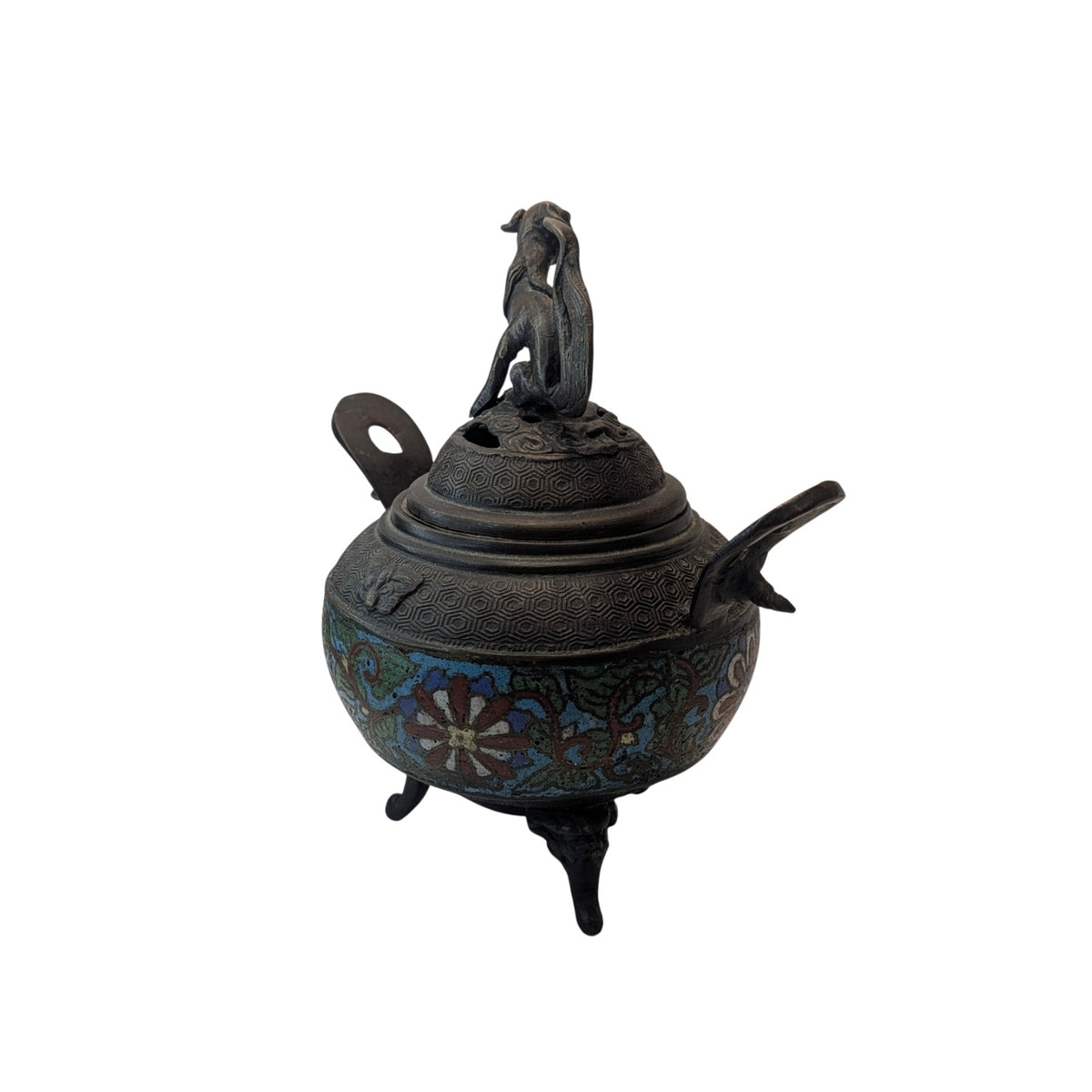 Antique Chinese Bronze Cloisonne Censer Foo Dog Incense Burner
