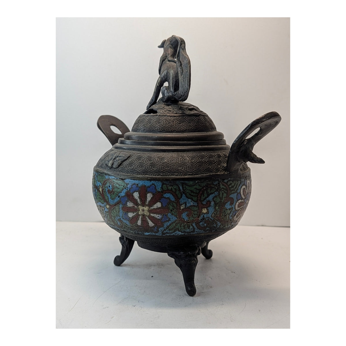 Antique Chinese Bronze Cloisonne Censer Foo Dog Incense Burner