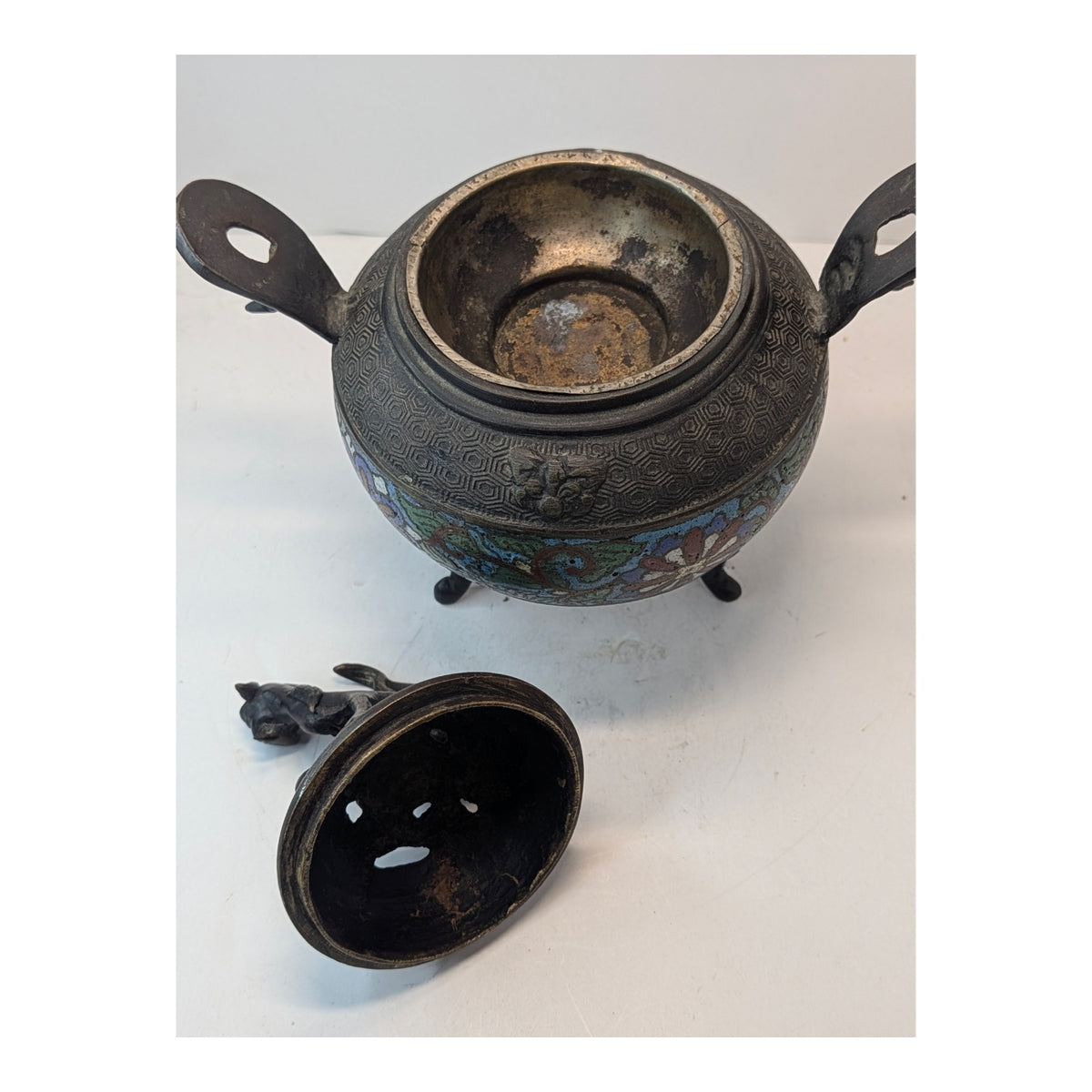 Antique Chinese Bronze Cloisonne Censer Foo Dog Incense Burner