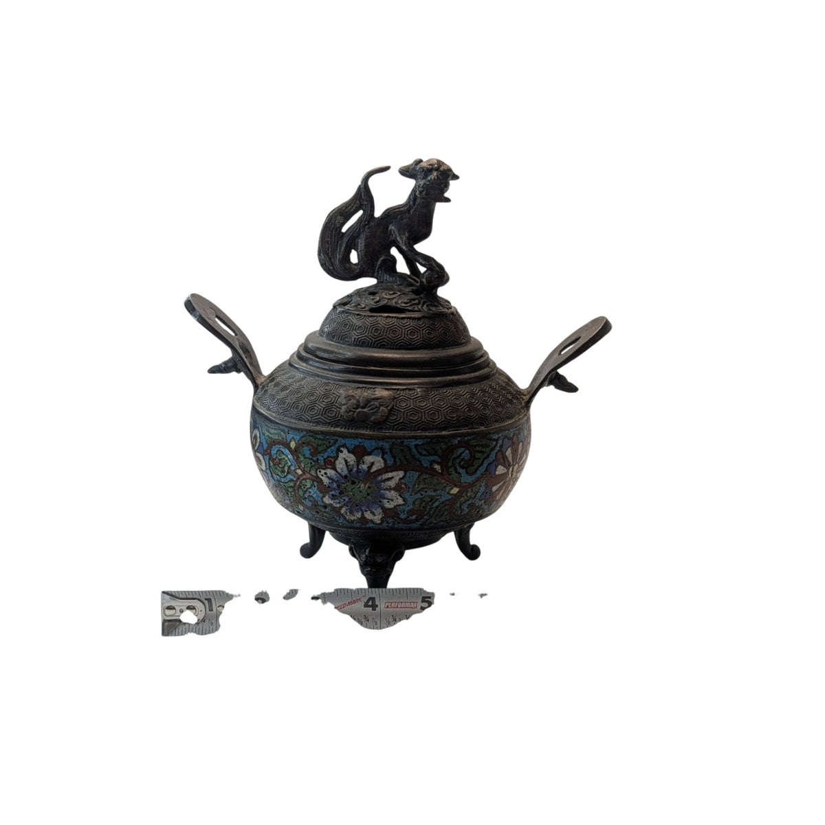 Antique Chinese Bronze Cloisonne Censer Foo Dog Incense Burner