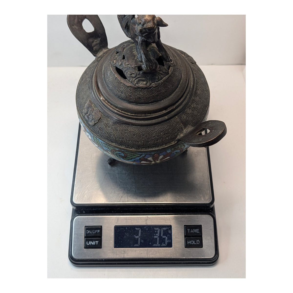Antique Chinese Bronze Cloisonne Censer Foo Dog Incense Burner