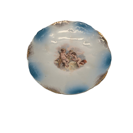 Antique Victorian Cherub Bowl Blue & Gold Gilt Porcelain Dish