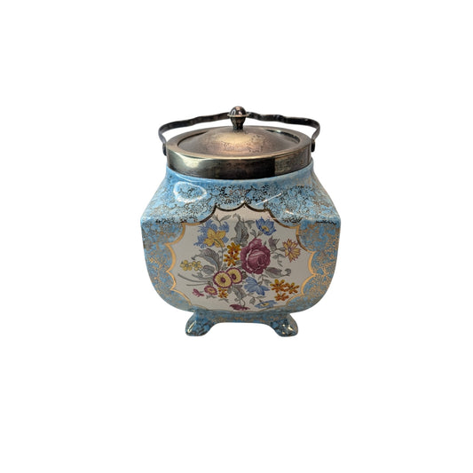 Vintage Lancaster Sandland Alice Blue English Biscuit Barrel, Silver Plate Lid