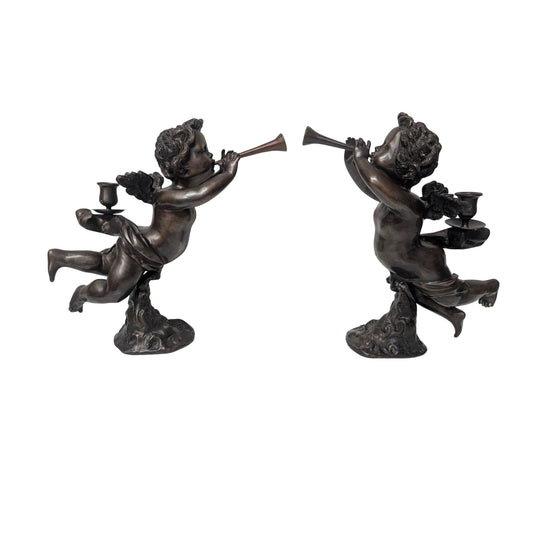 Antique Bronze Cherub Putti Trumpet Candlestick Holders - Pair
