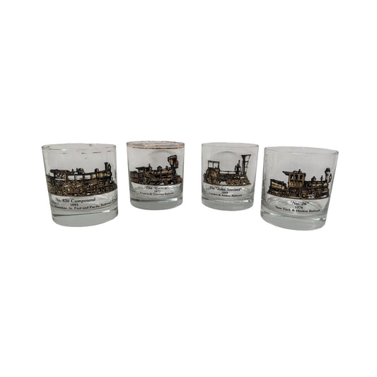 Set of 4 Gay Fad Train Whiskey Glasses Mid-Century Railroad Barware