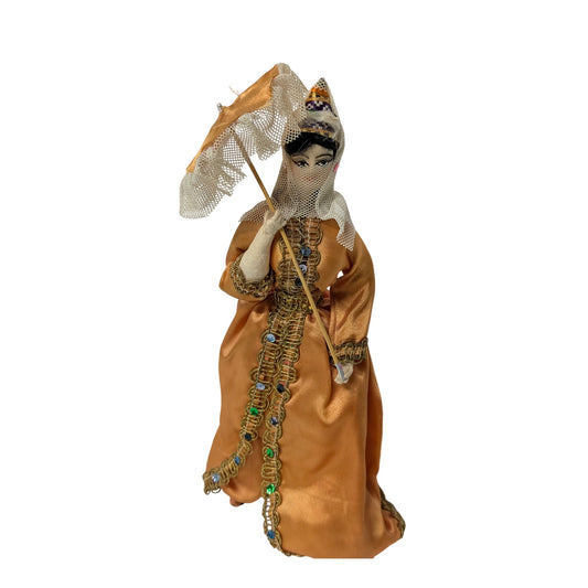 Vintage Turkish Boudoir Doll w/ Parasol in Beaded Satin Gown