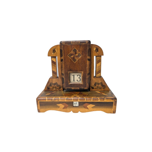 Antique Marquetry Inlaid Wood Perpetual Desk Calendar, Victorian Folk Art