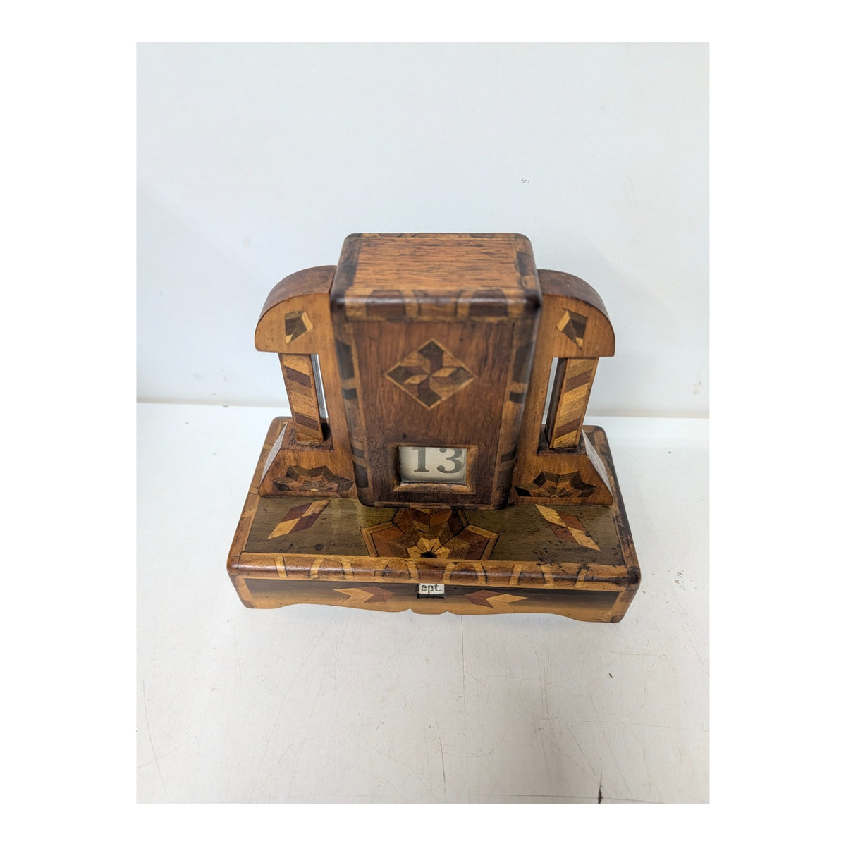 Antique Marquetry Inlaid Wood Perpetual Desk Calendar, Victorian Folk Art
