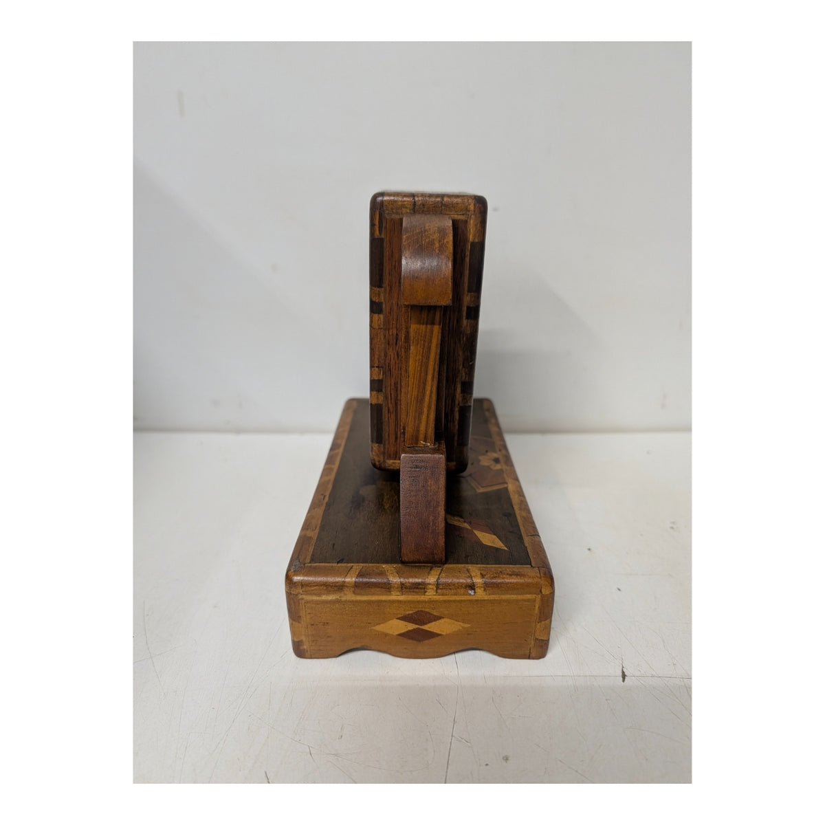Antique Marquetry Inlaid Wood Perpetual Desk Calendar, Victorian Folk Art