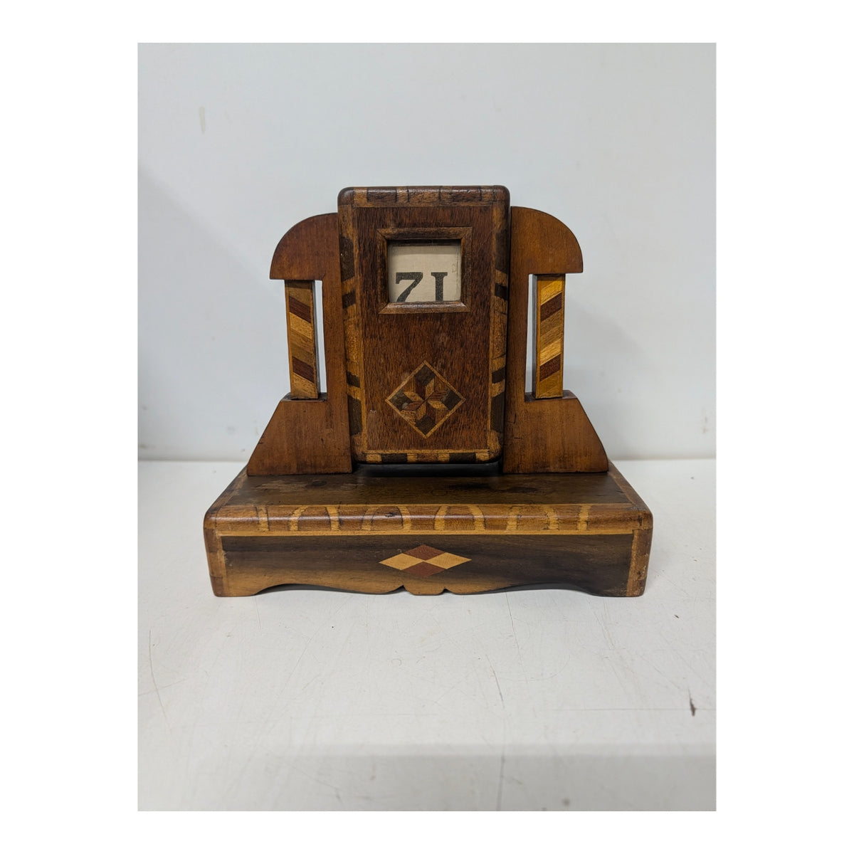Antique Marquetry Inlaid Wood Perpetual Desk Calendar, Victorian Folk Art