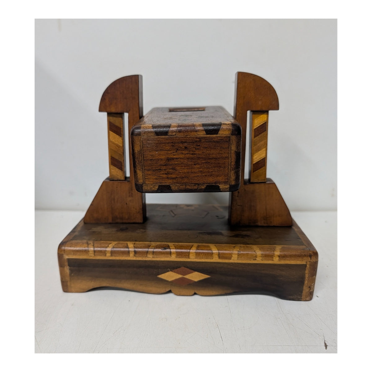 Antique Marquetry Inlaid Wood Perpetual Desk Calendar, Victorian Folk Art