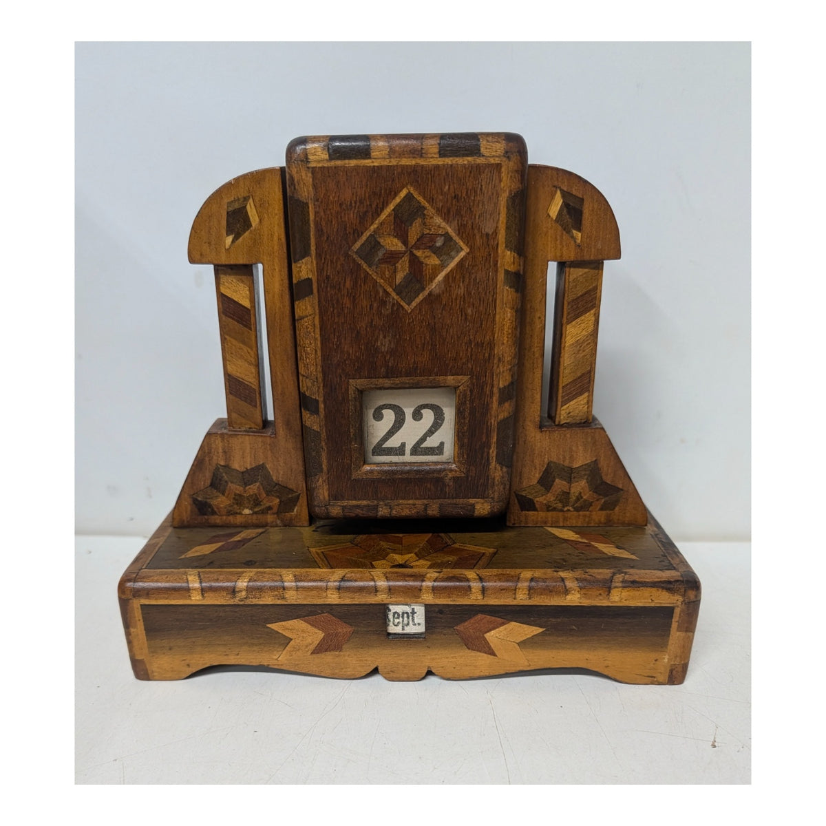 Antique Marquetry Inlaid Wood Perpetual Desk Calendar, Victorian Folk Art