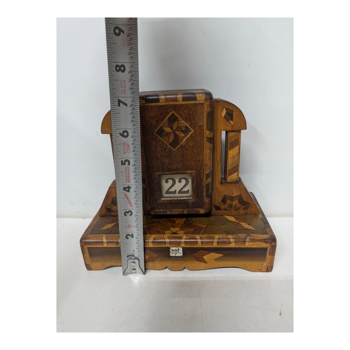Antique Marquetry Inlaid Wood Perpetual Desk Calendar, Victorian Folk Art