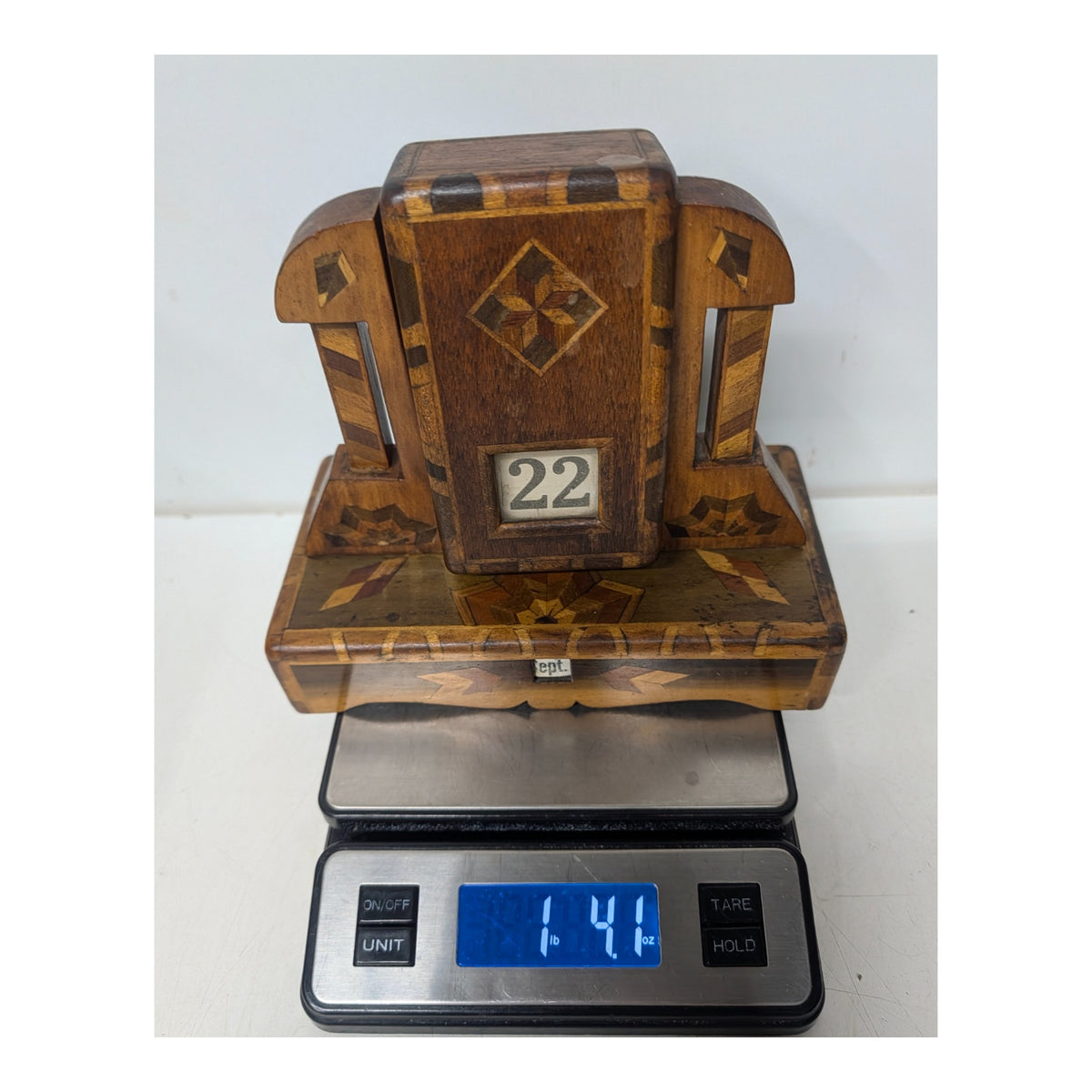 Antique Marquetry Inlaid Wood Perpetual Desk Calendar, Victorian Folk Art