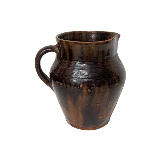 Antique Primitive Redware Pottery Pitcher Brown Drip Glaze