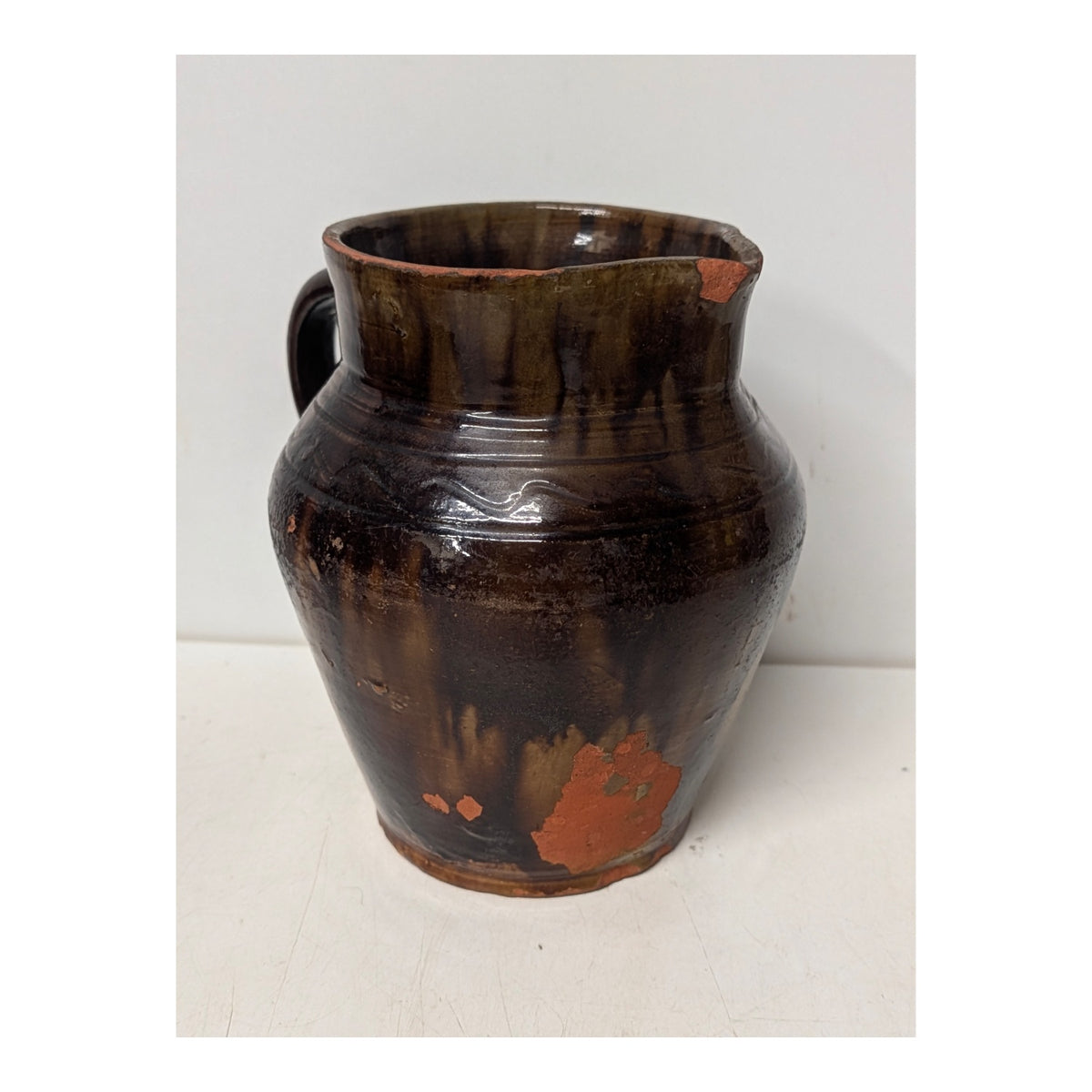 Antique Primitive Redware Pottery Pitcher Brown Drip Glaze