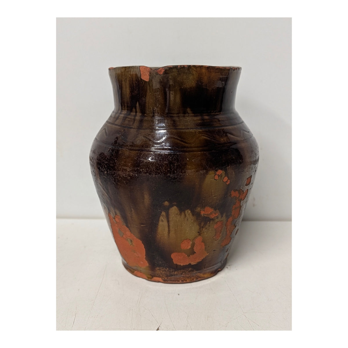 Antique Primitive Redware Pottery Pitcher Brown Drip Glaze