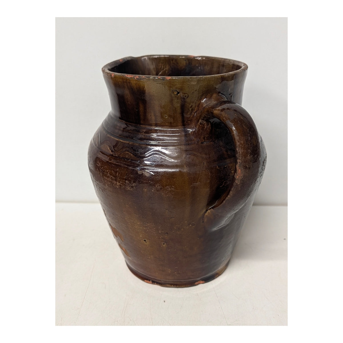 Antique Primitive Redware Pottery Pitcher Brown Drip Glaze