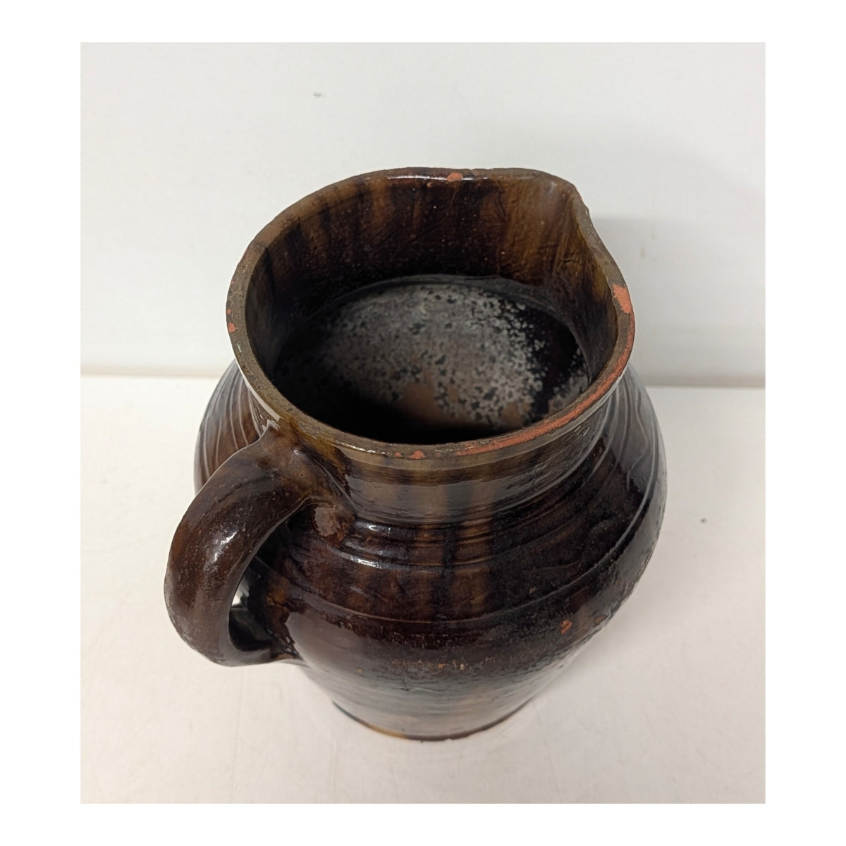 Antique Primitive Redware Pottery Pitcher Brown Drip Glaze