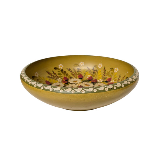 Vintage Signed Scandinavian Folk Art Wooden Bowl Hand Painted Daisies 1981