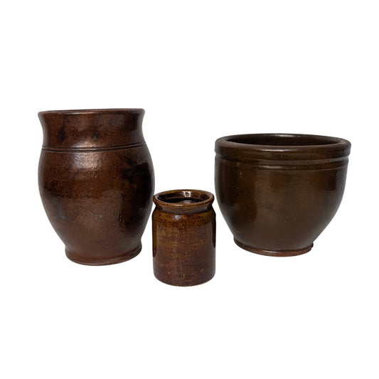 Set of 3 Antique Brown Glaze Stoneware Crocks Primitive Farmhouse Pottery