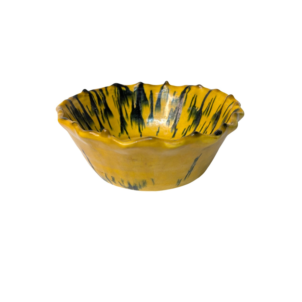 Abstract Yellow & Black Studio Art Pottery Bowl Ruffled Rim MCM