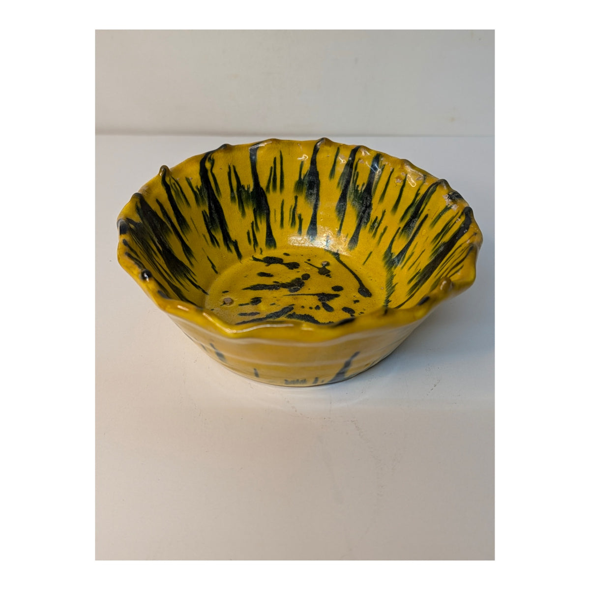 Abstract Yellow & Black Studio Art Pottery Bowl Ruffled Rim MCM