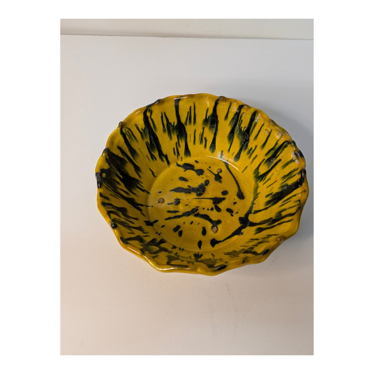Abstract Yellow & Black Studio Art Pottery Bowl Ruffled Rim MCM