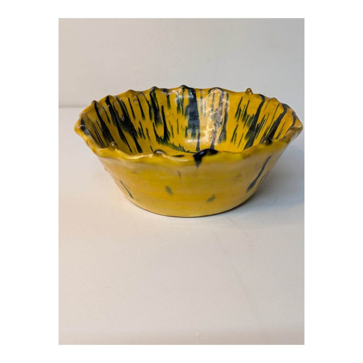 Abstract Yellow & Black Studio Art Pottery Bowl Ruffled Rim MCM