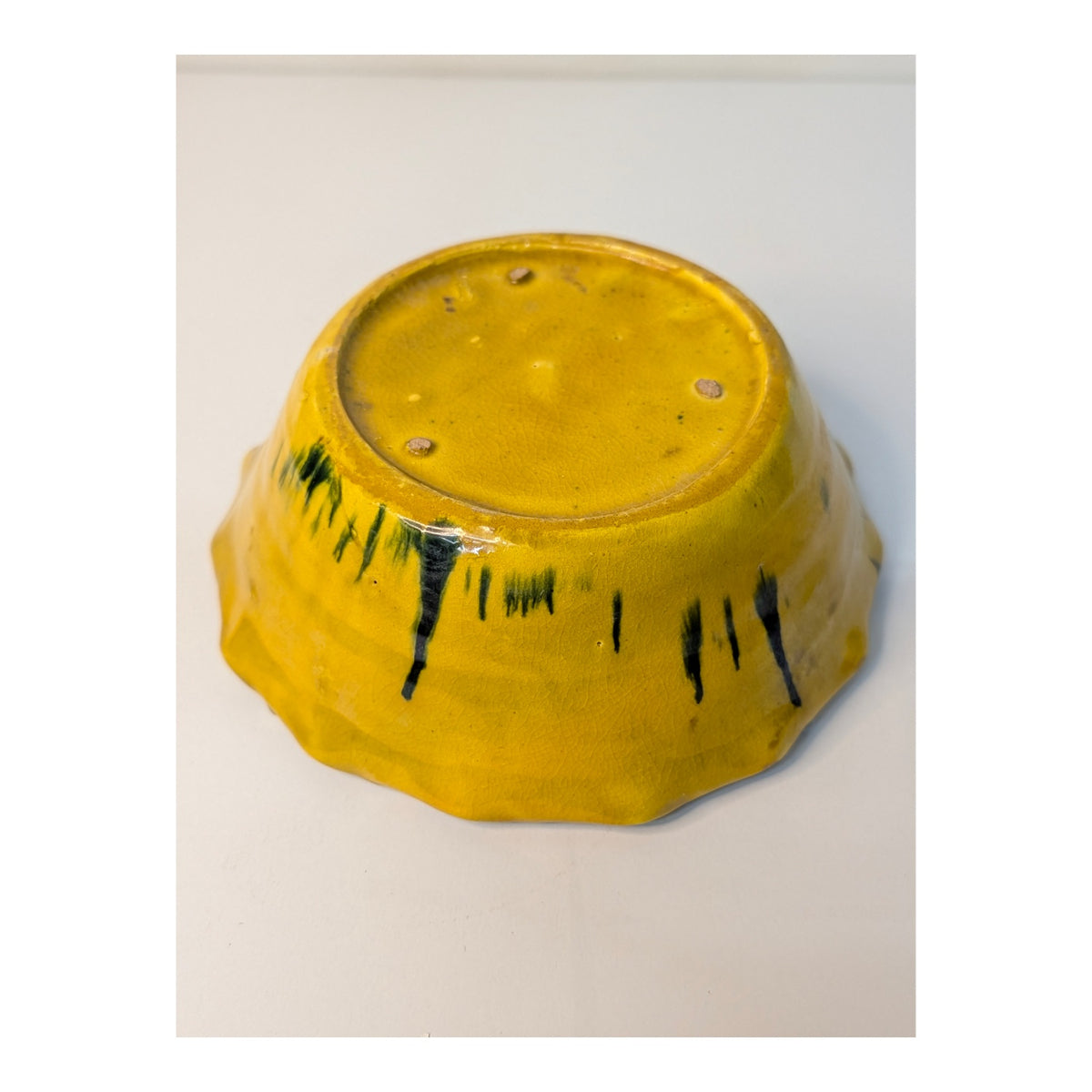 Abstract Yellow & Black Studio Art Pottery Bowl Ruffled Rim MCM
