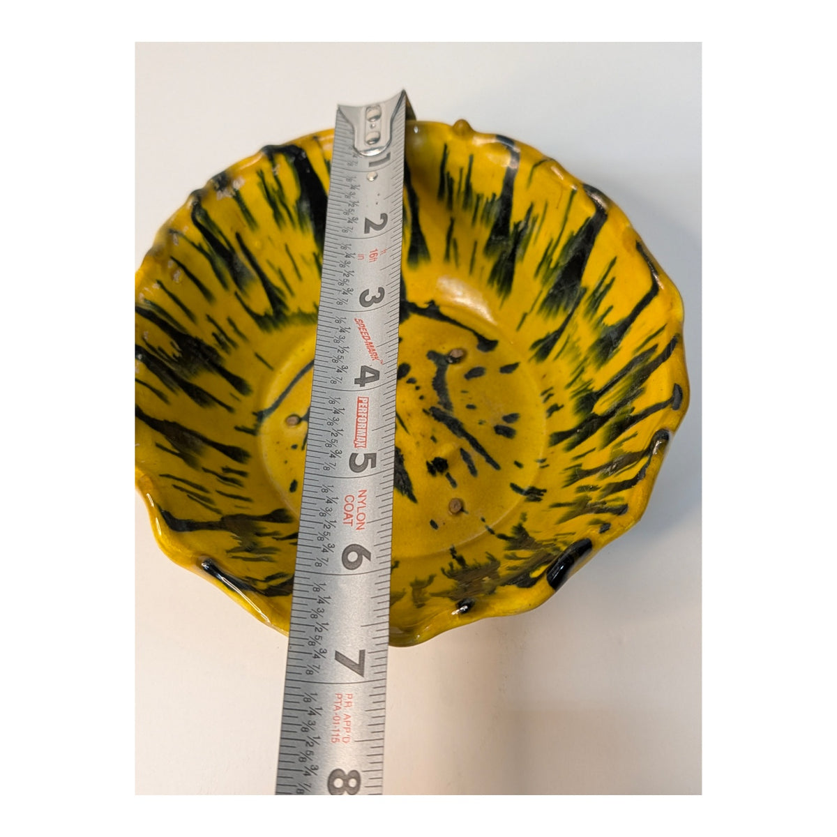 Abstract Yellow & Black Studio Art Pottery Bowl Ruffled Rim MCM