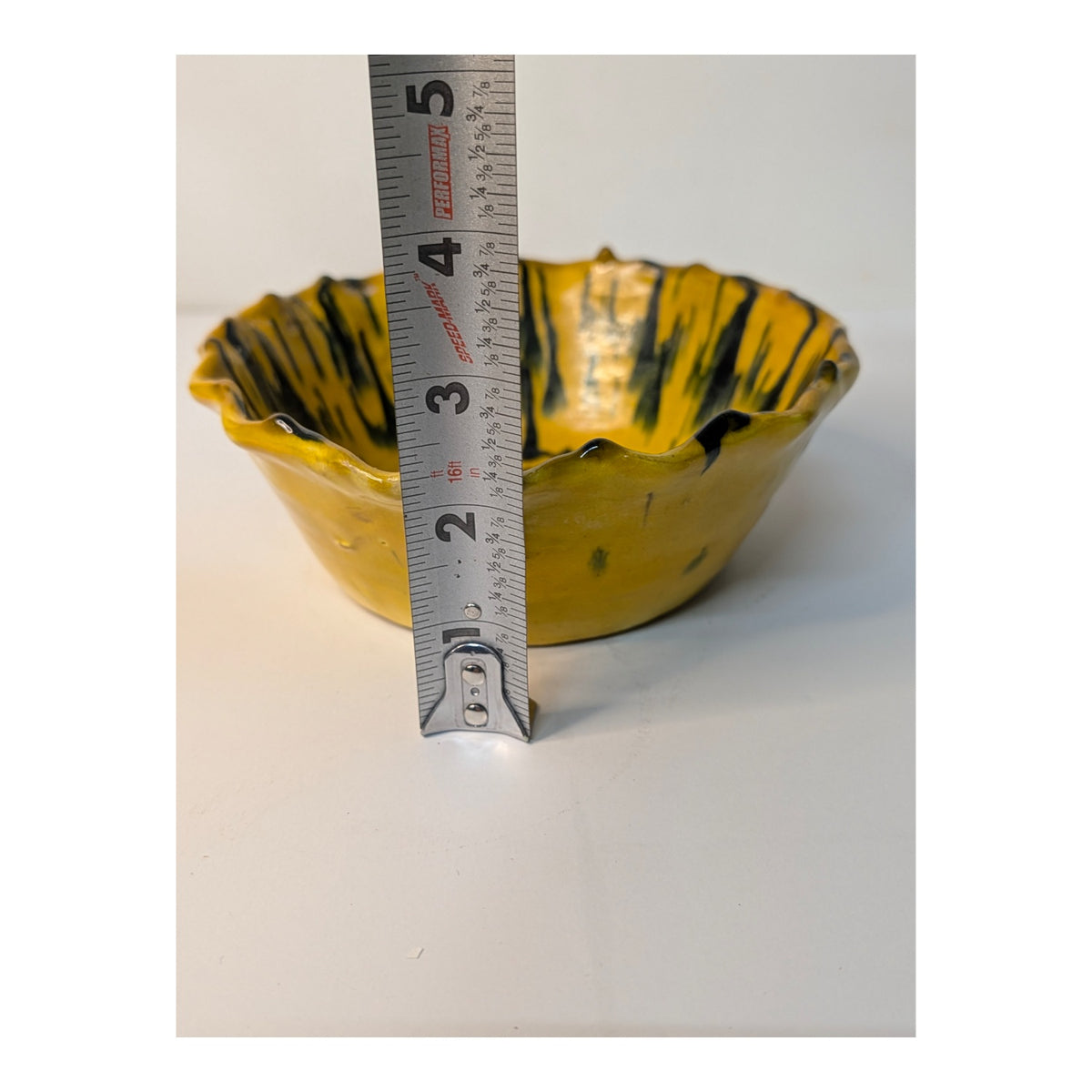 Abstract Yellow & Black Studio Art Pottery Bowl Ruffled Rim MCM